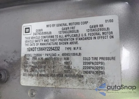 2000 Chevrolet Blazer Lt z USA, uszkodzony, nr VIN 1GNDT13W4Y2264232